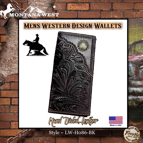 Men's Hand Tooled Black Leather Wallet Floral Concho by Montana West