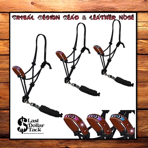 Horseman's Black Halter & Rope Set Tribal Bead Design